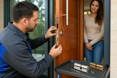 Chaveiro instalando uma nova fechadura em uma porta.